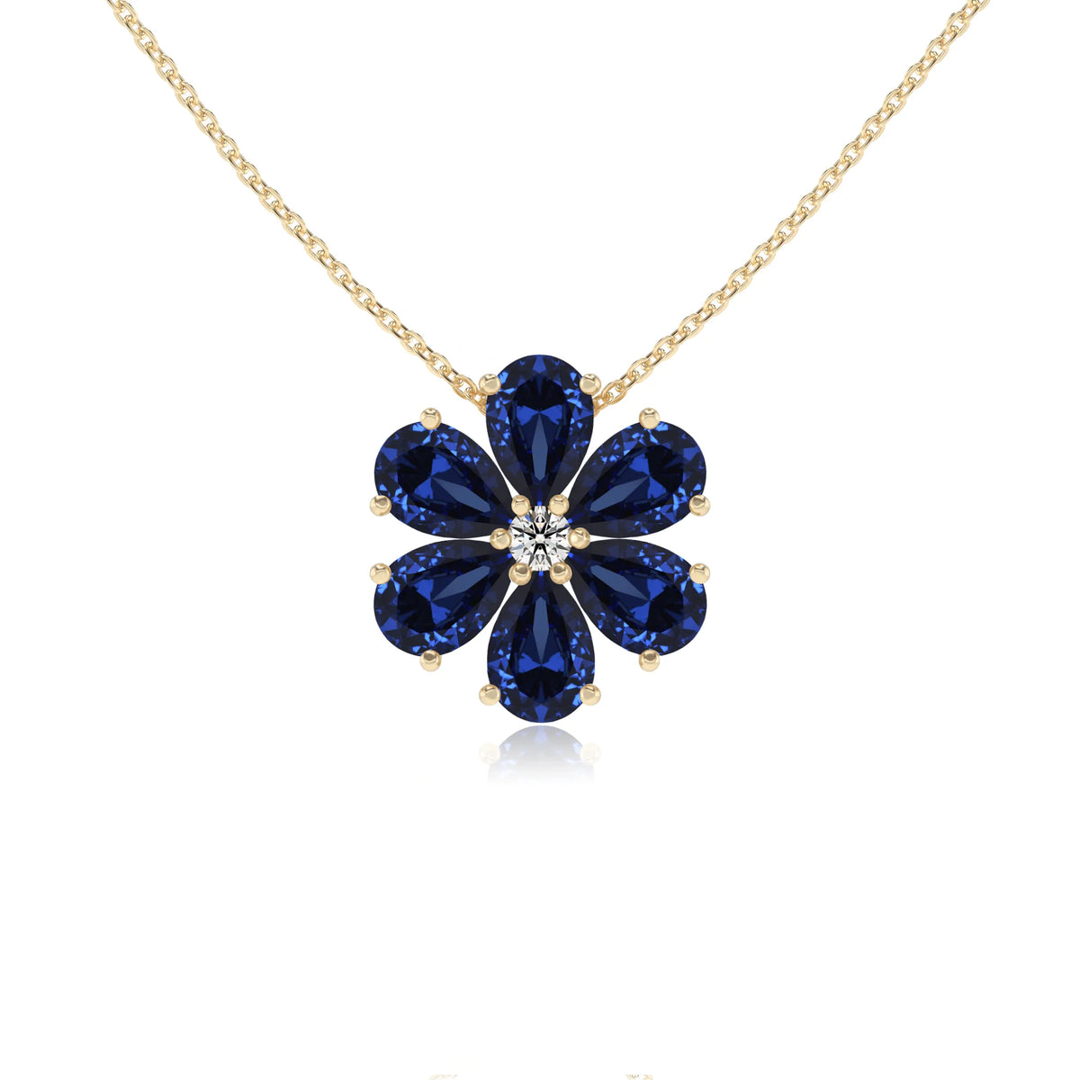 lab grown blue-sapphire pear solitaire necklaces in yellow gold 