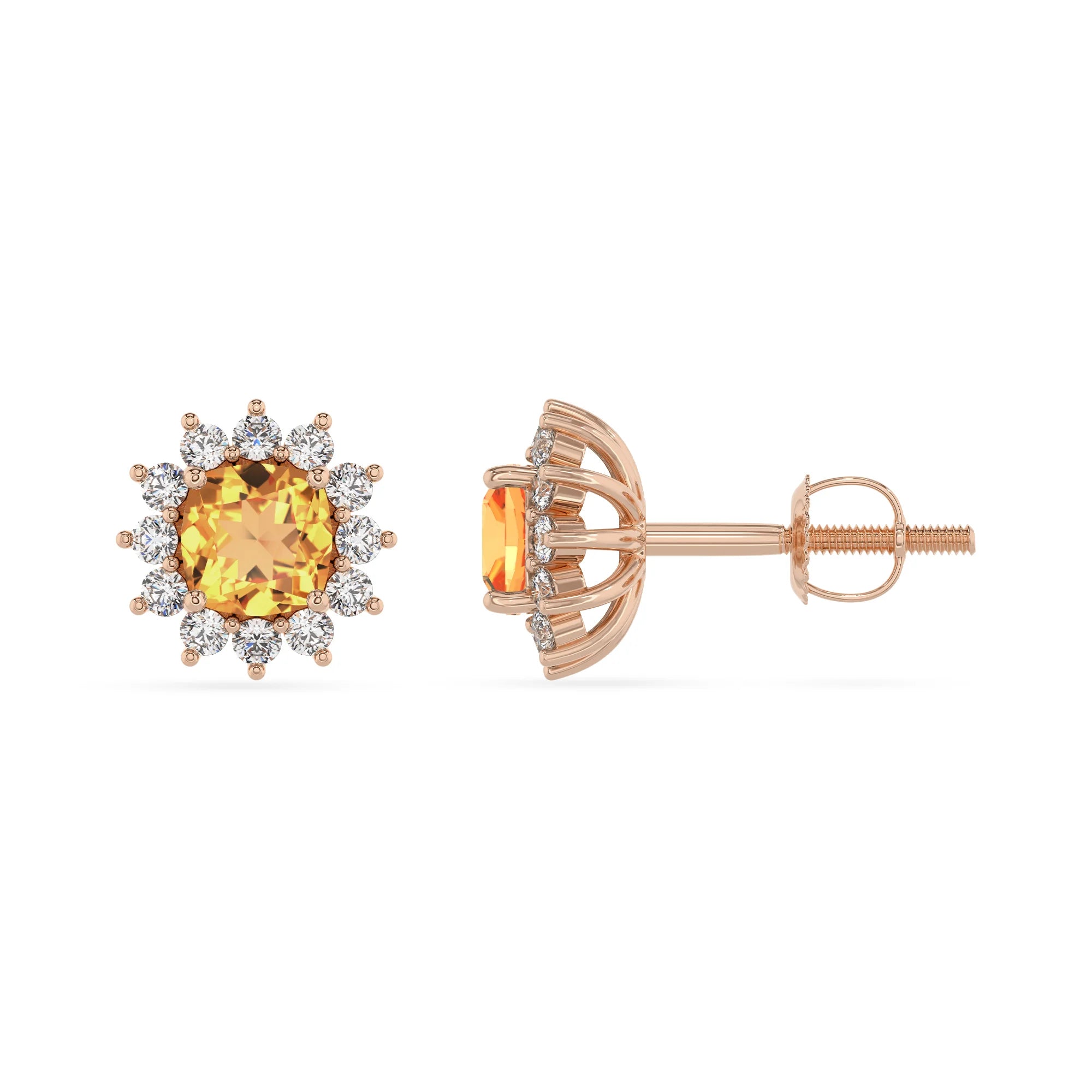 lab grown citrine cushion stud earrings in rose gold 