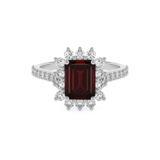 natural garnet emerald cut solitaire rings in platinum 