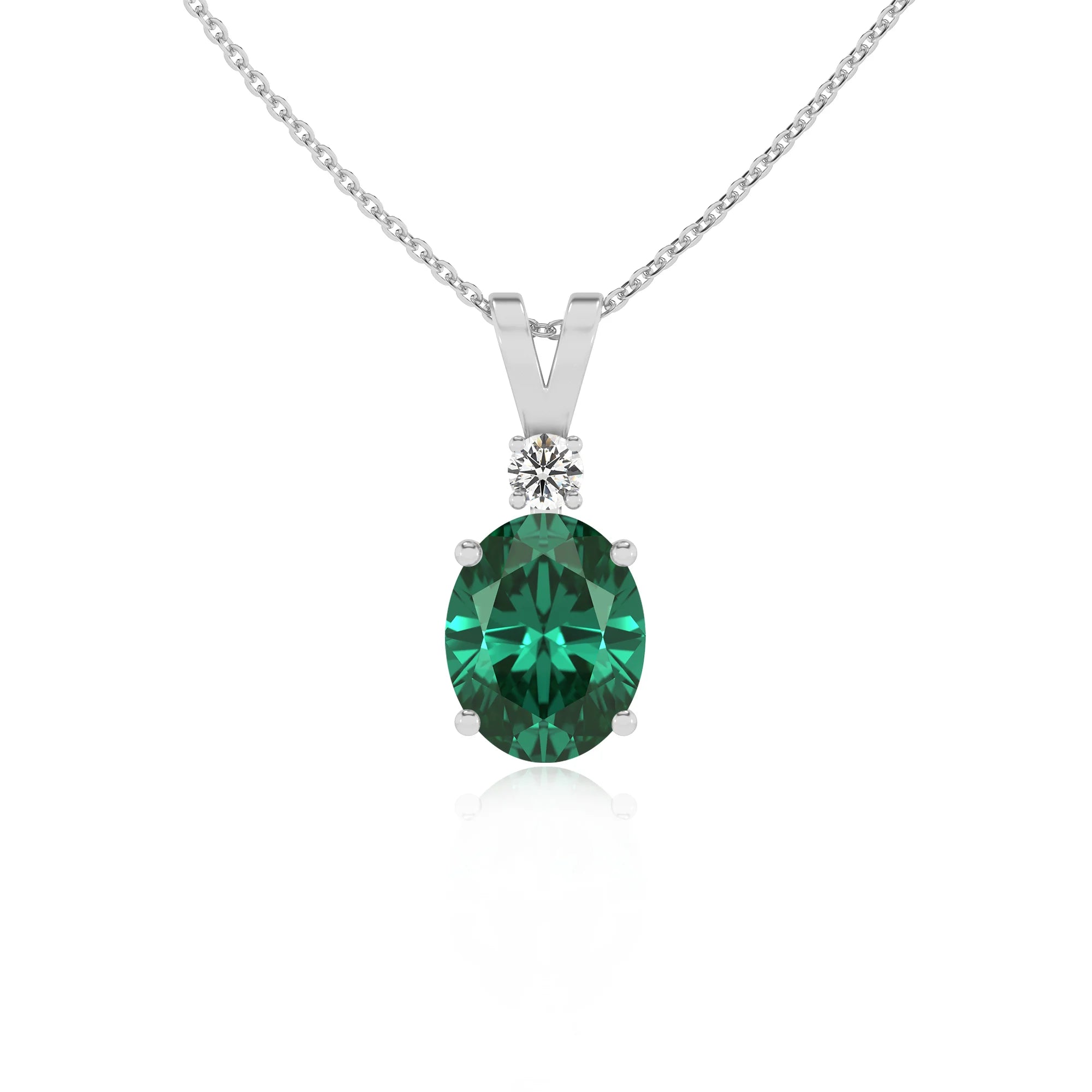 lab grown emerald oval solitaire v-bale necklaces in white gold 