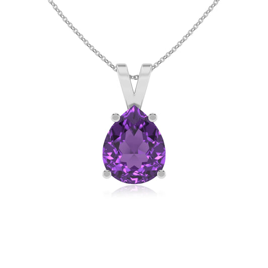 lab grown amethyst pear solitaire v-bale necklaces in sterling silver 