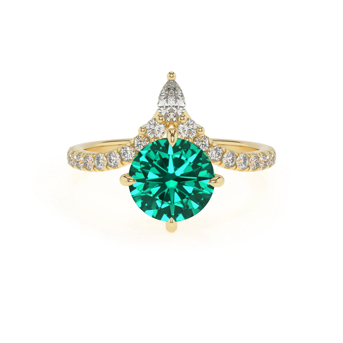 lab grown emerald round solitaire rings in yellow gold 