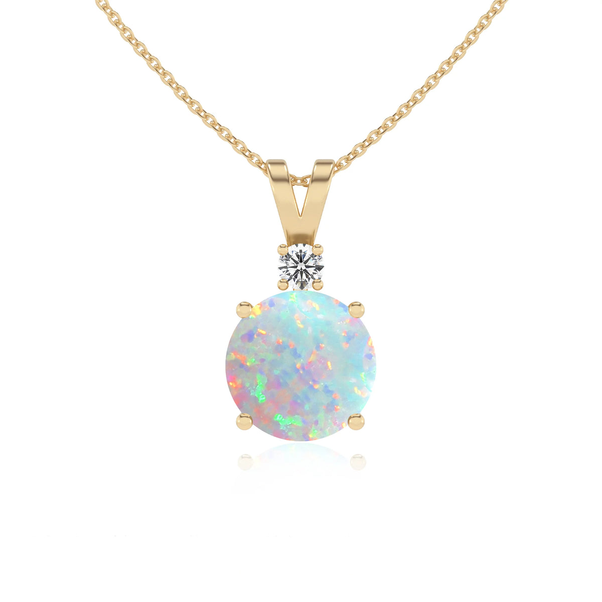 lab grown opal round solitaire v-bale necklaces in yellow gold 