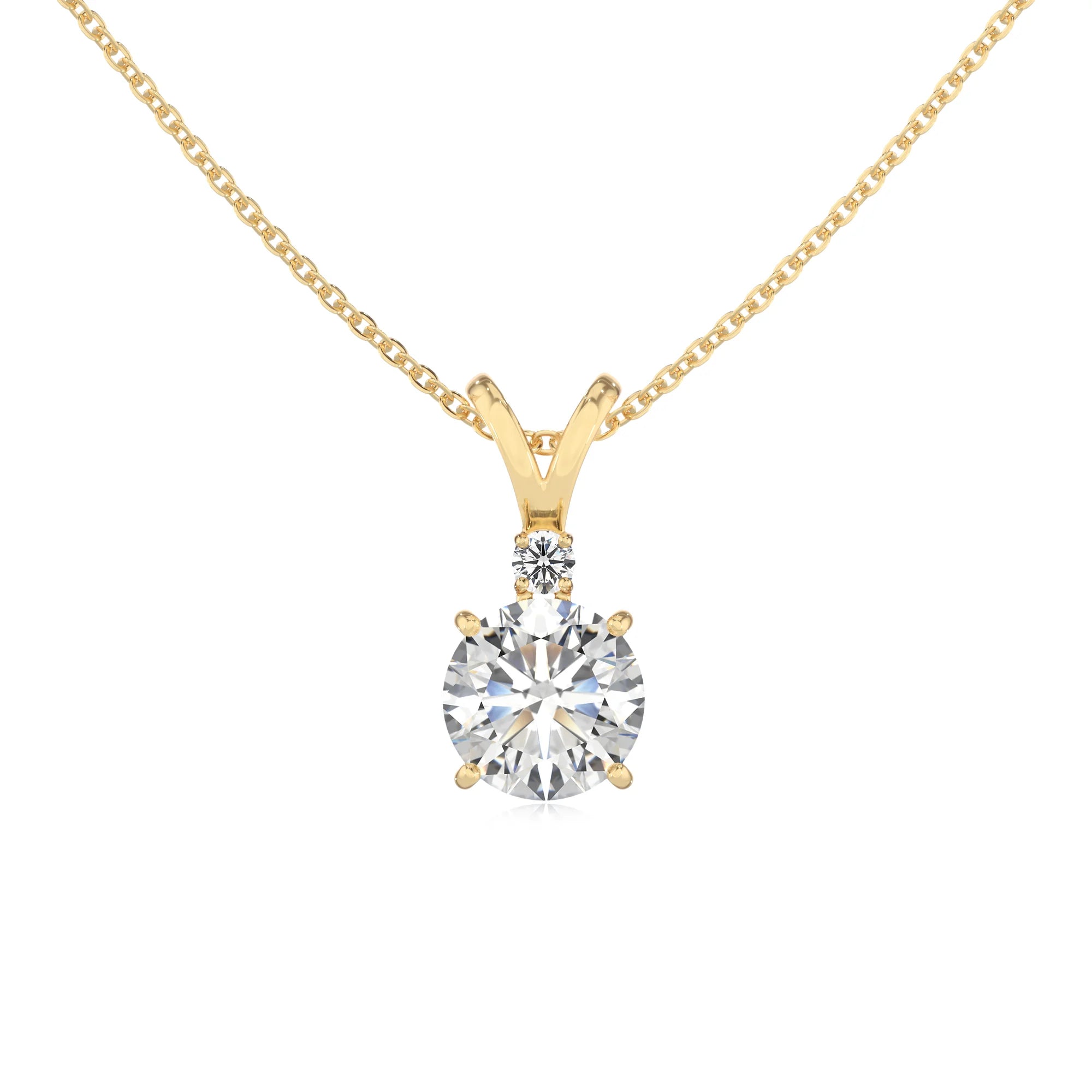 lab grown moissanite round solitaire v-bale necklaces in yellow gold 