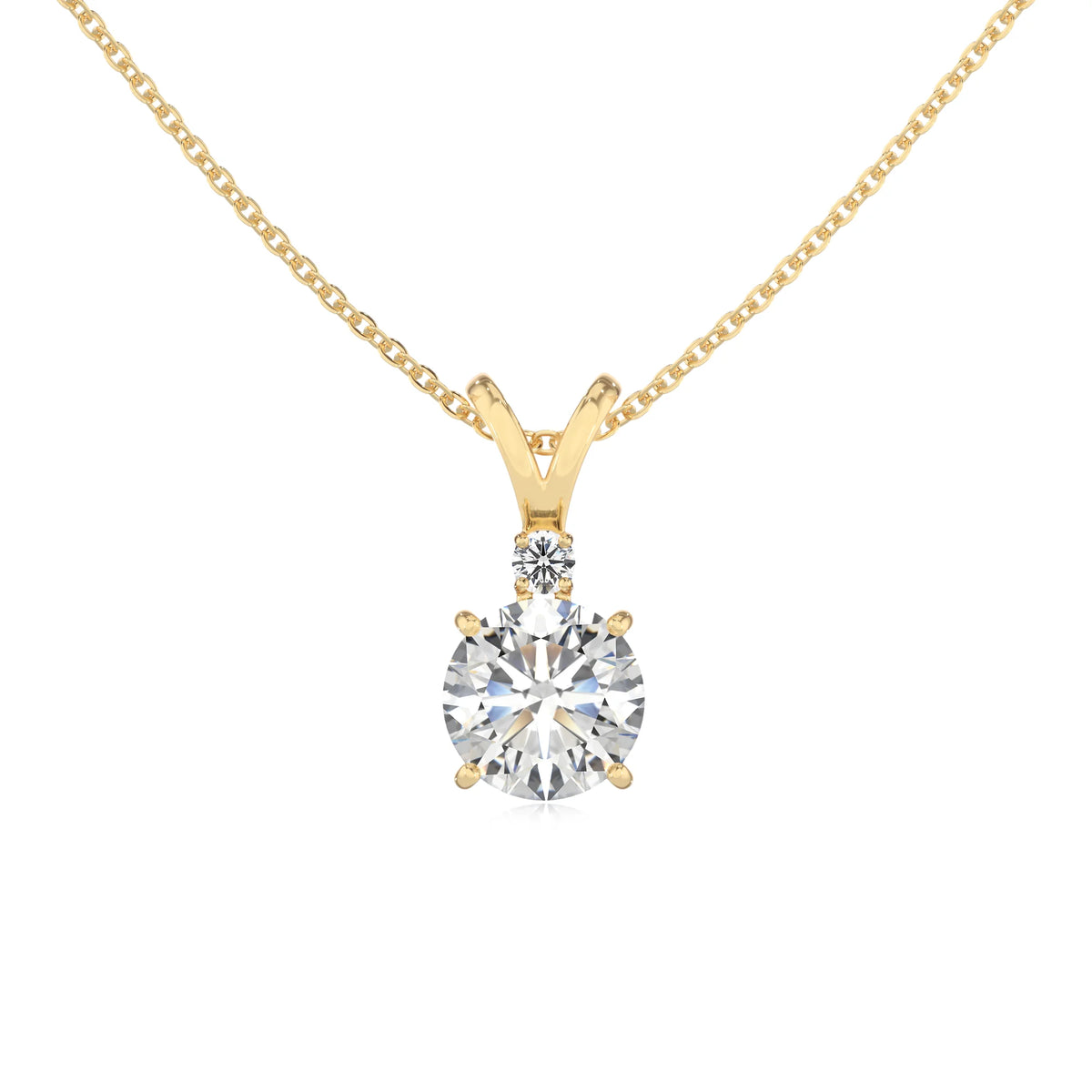 lab grown moissanite round solitaire v-bale necklaces in yellow gold 