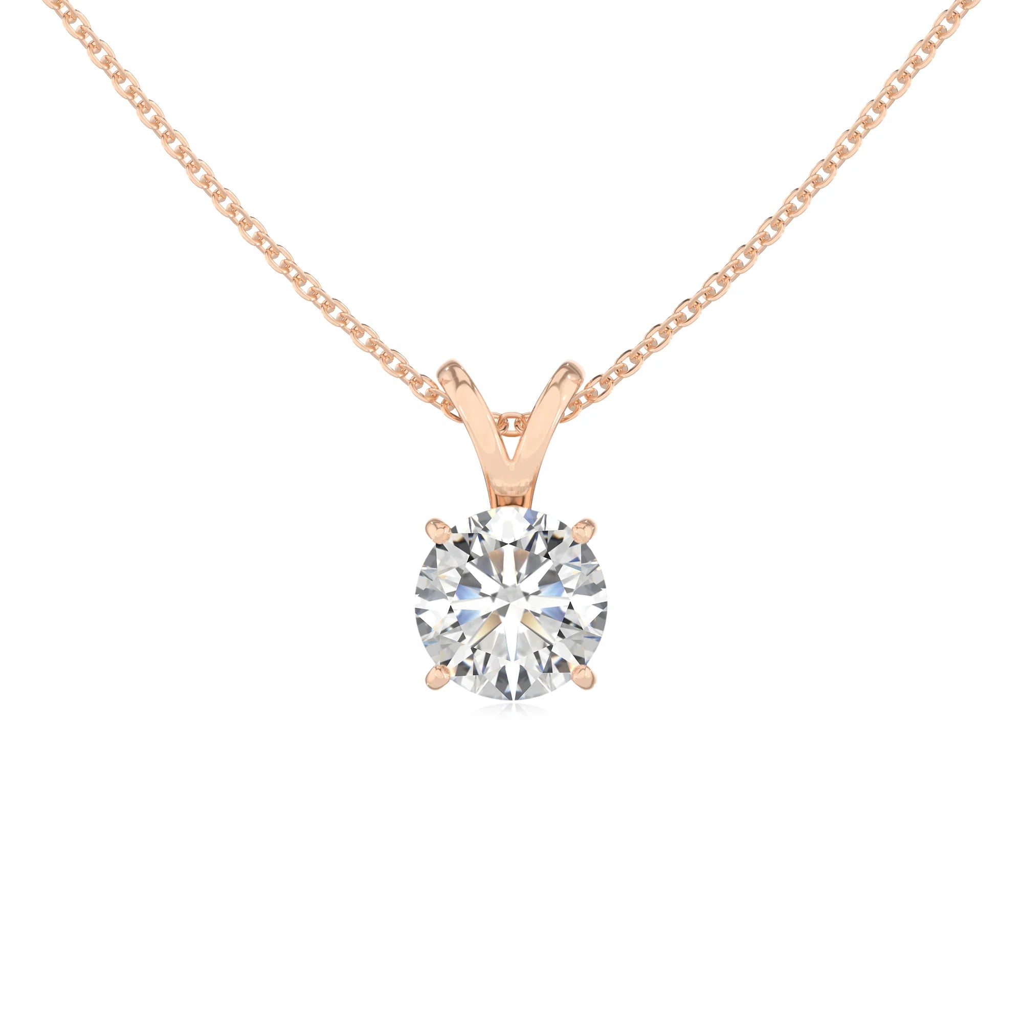 lab grown moissanite round solitaire v-bale necklaces in rose gold 
