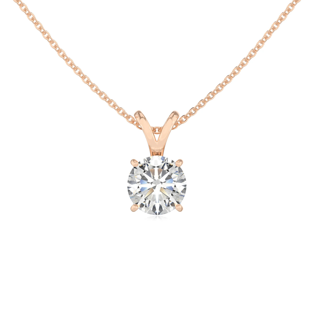 lab grown moissanite round solitaire v-bale necklaces in rose gold 