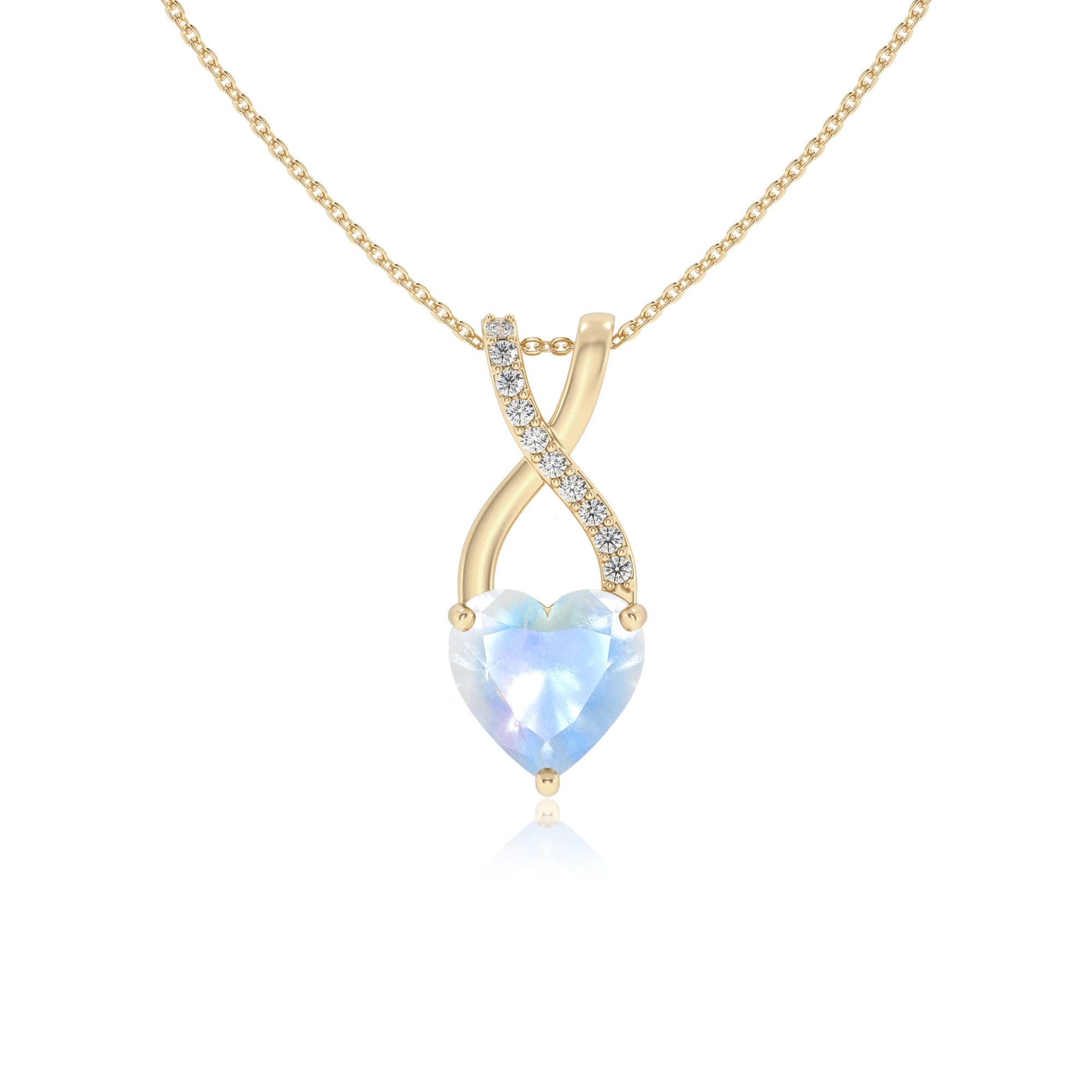 natural rainbow-moonstone heart solitaire necklaces in yellow gold 
