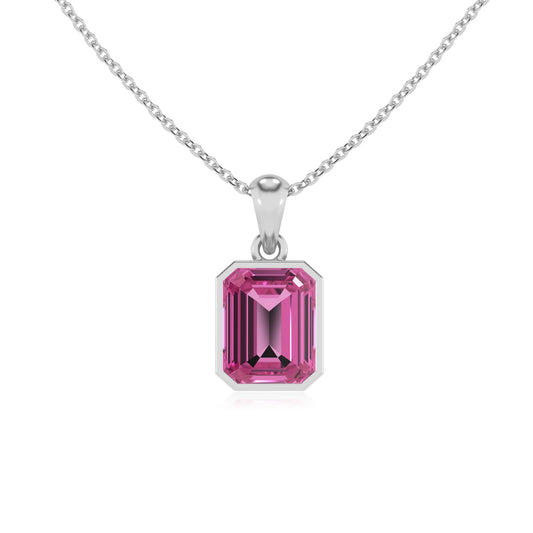 lab grown pink-sapphire emerald cut solitaire necklaces in sterling silver 