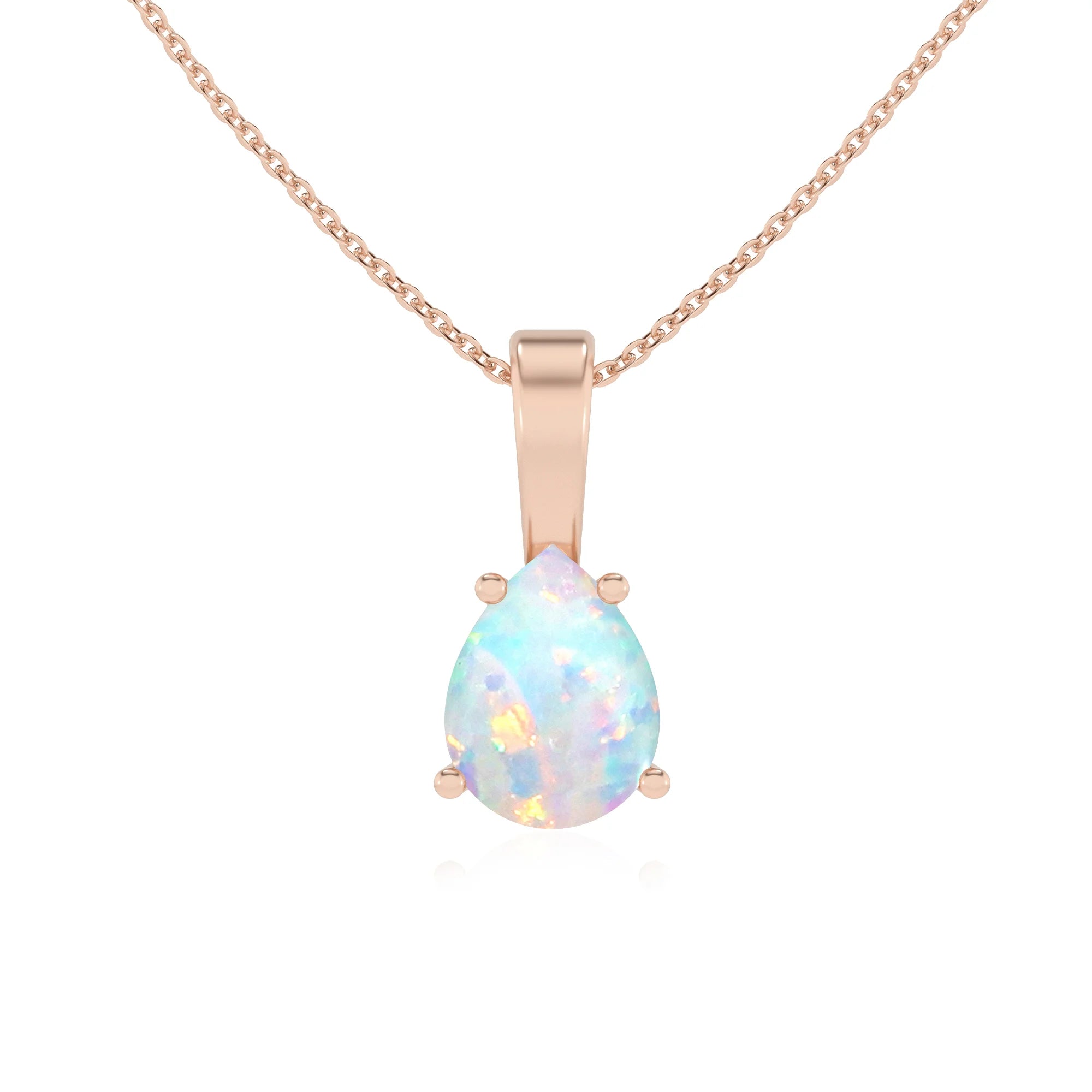 lab grown opal pear solitaire necklaces in rose gold 
