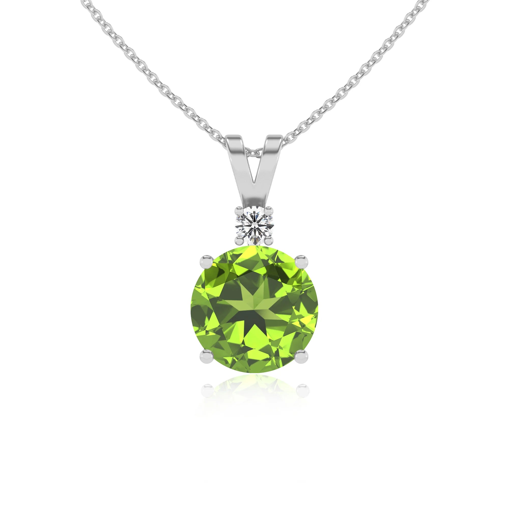 natural peridot round solitaire v-bale necklaces in platinum 
