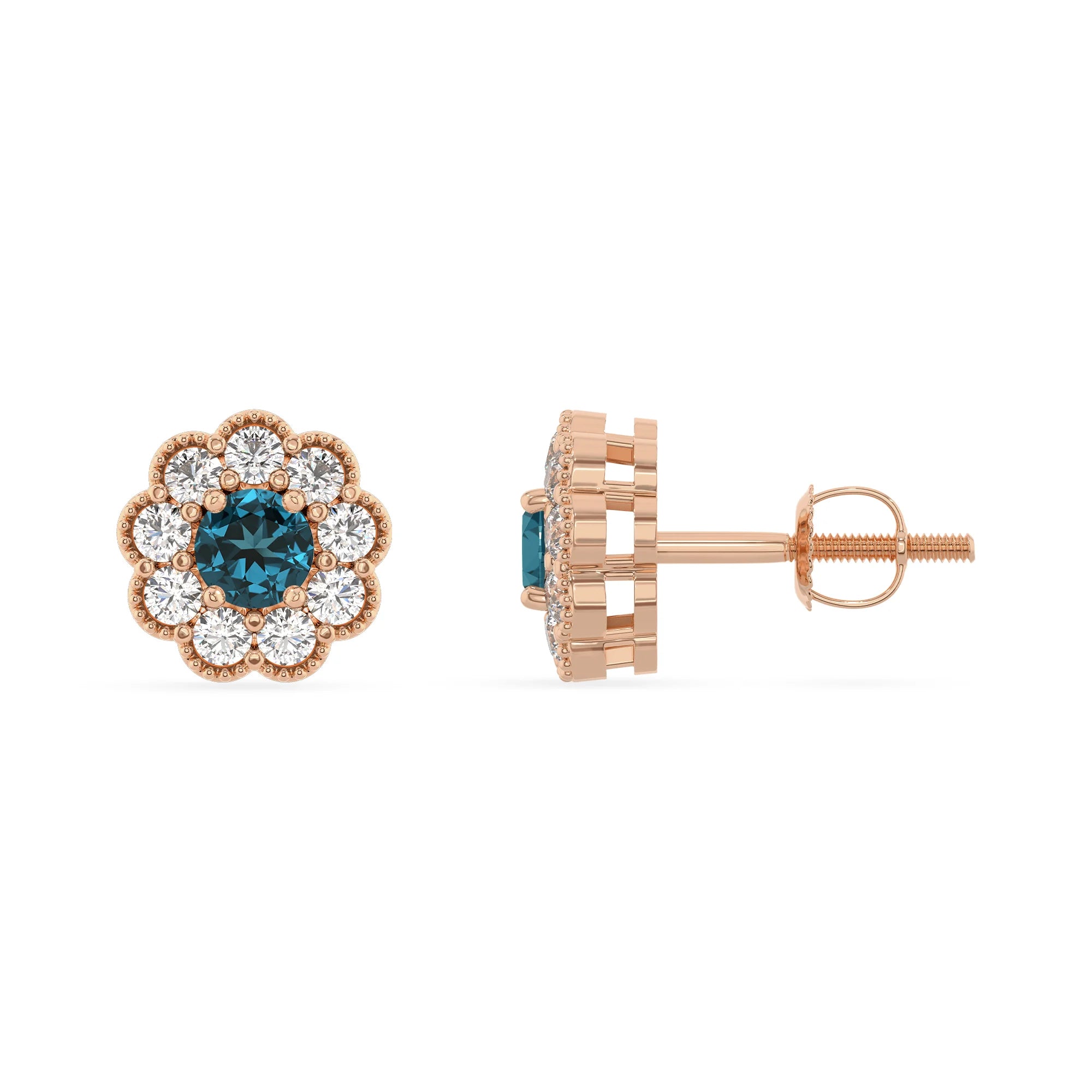 natural london blue topaz round stud earrings in rose gold 