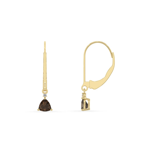 natural smoky quartz trillion drop earrings in yellow gold 