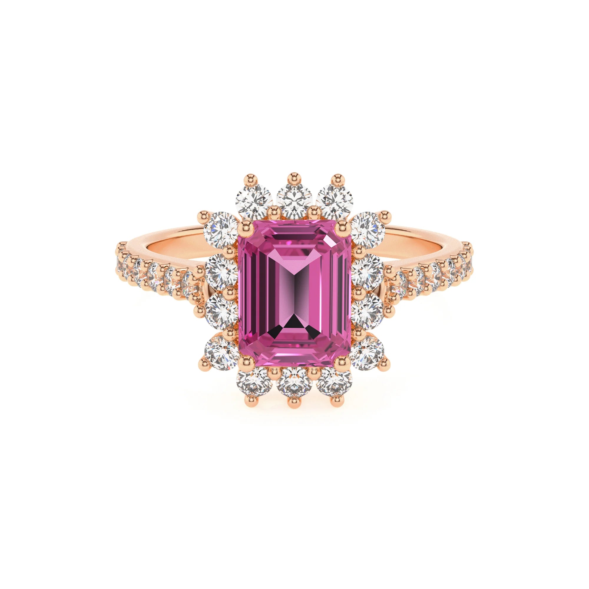 lab grown pink-sapphire emerald cut solitaire rings in rose gold 