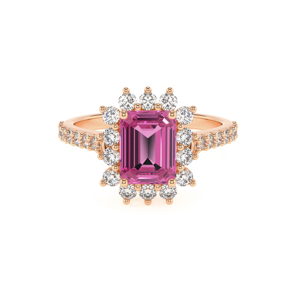 lab grown pink-sapphire emerald cut solitaire rings in rose gold 