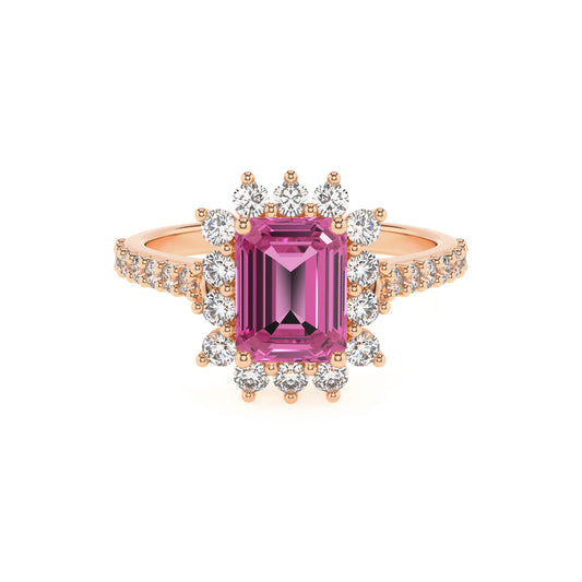 lab grown pink-sapphire emerald cut solitaire rings in rose gold 