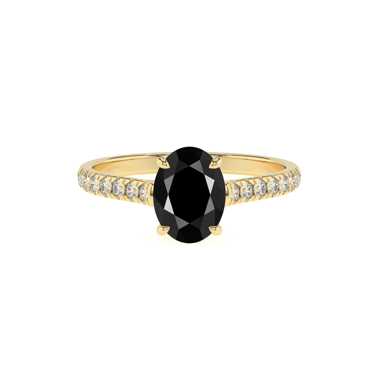 natural black-onyx oval half eternity solitaire engagement rings in yellow gold 