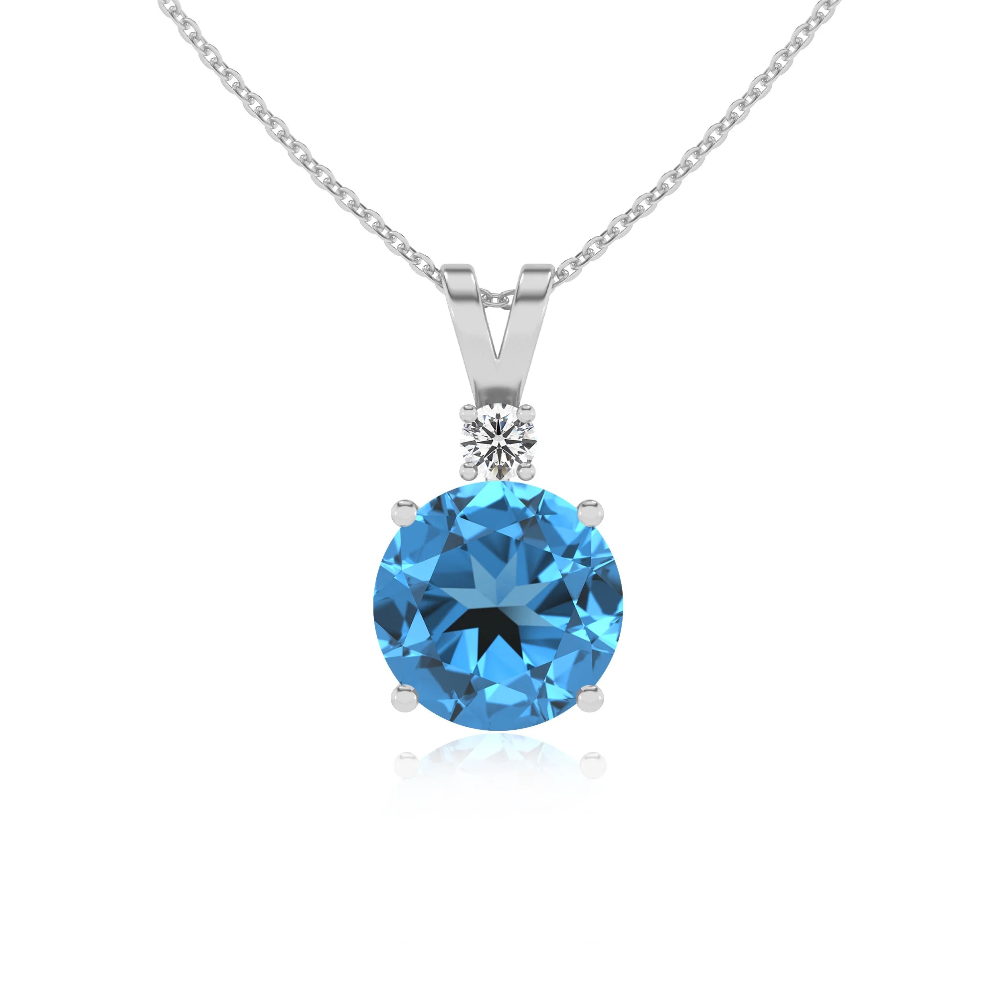 natural swiss-blue-topaz round solitaire v-bale necklaces in platinum 