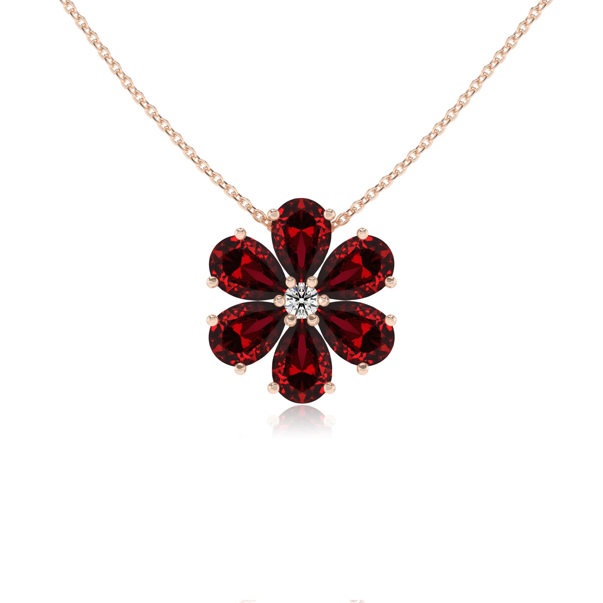 lab grown ruby pear solitaire necklaces in rose gold 