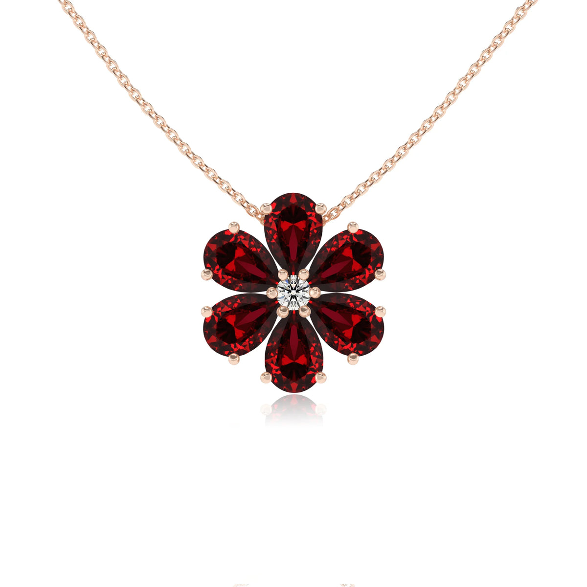 lab grown ruby pear solitaire necklaces in rose gold 
