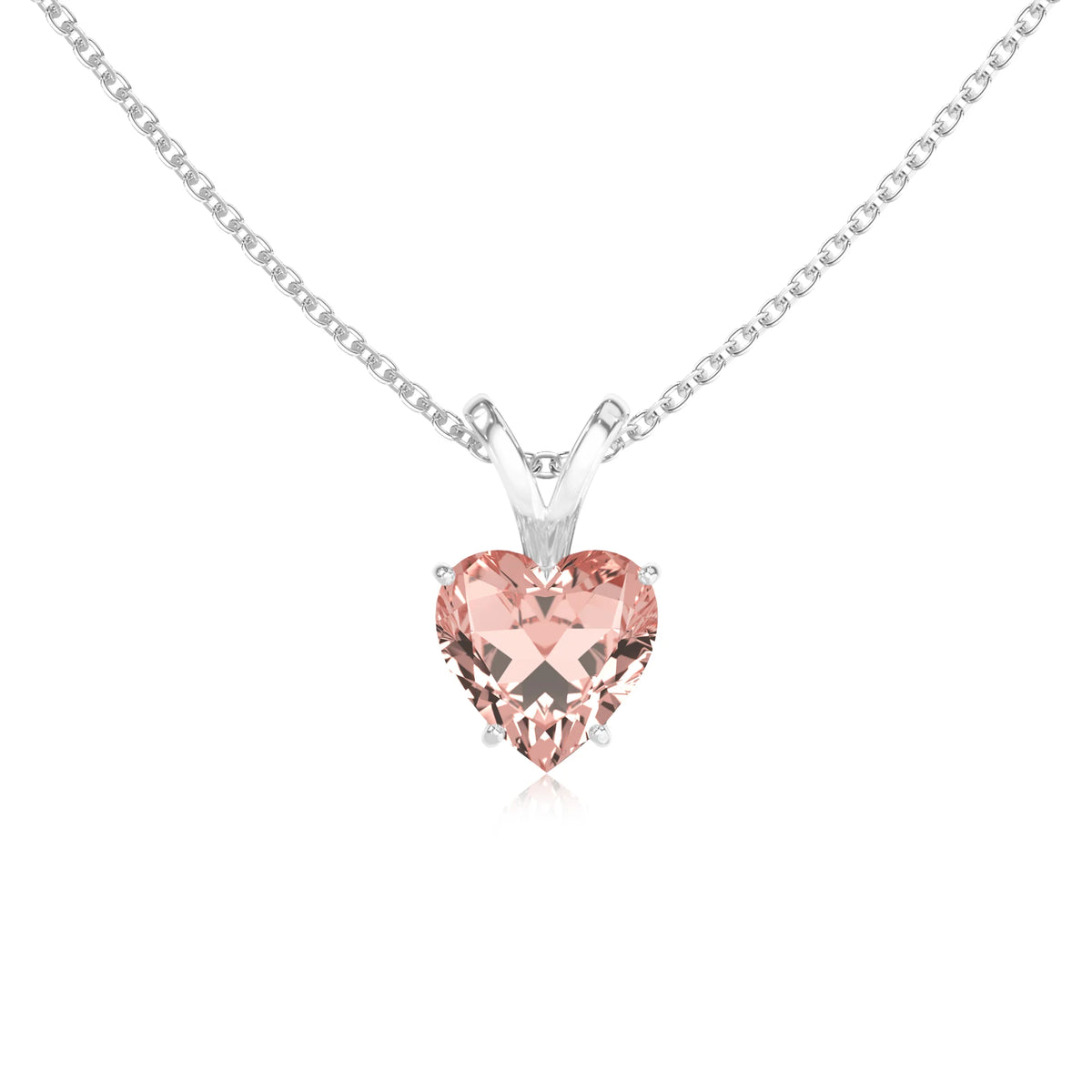 lab grown morganite heart solitaire v-bale necklaces in sterling silver 