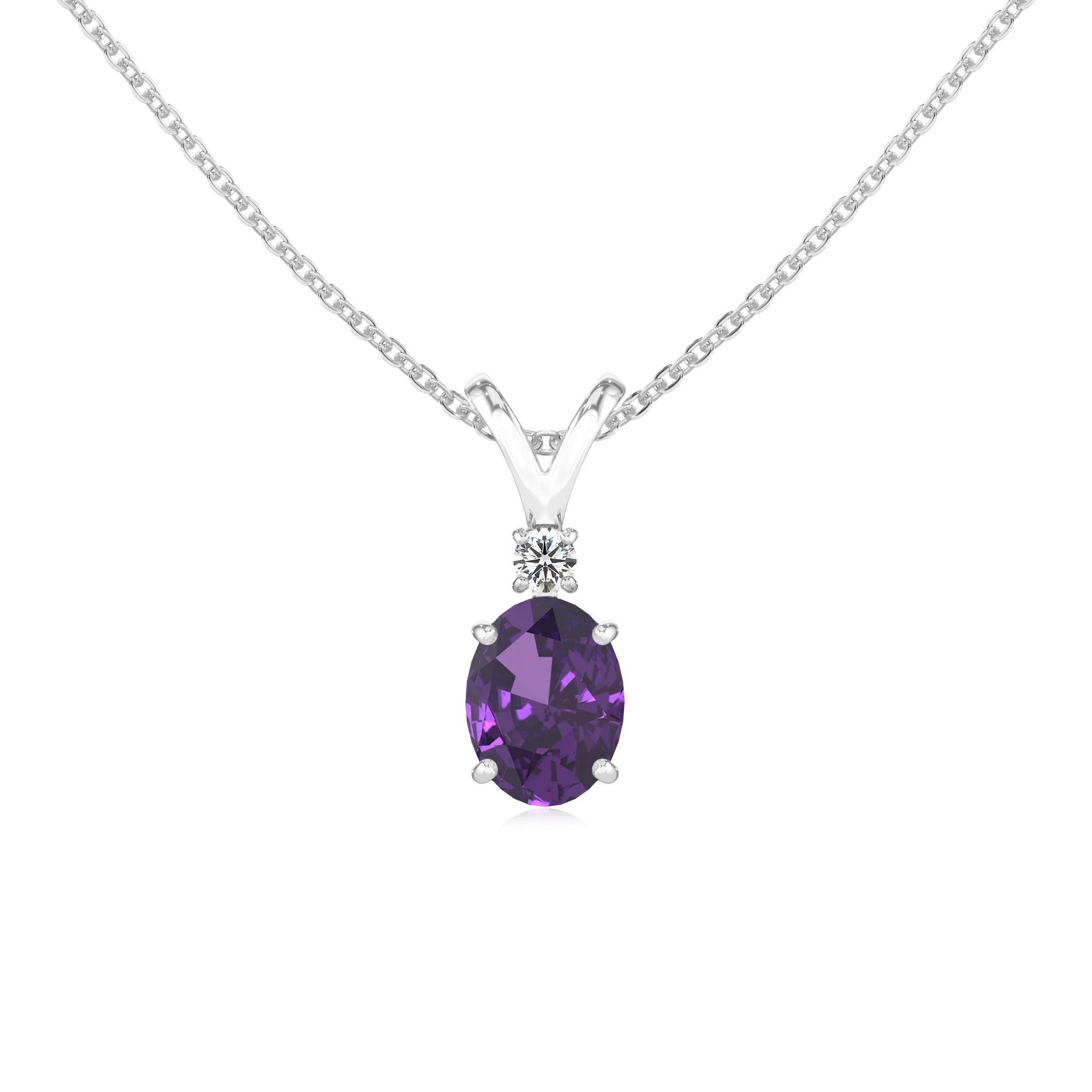lab grown amethyst oval solitaire v-bale necklaces in white gold 