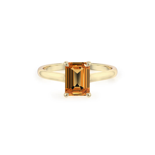lab grown citrine emerald cut solitaire rings in yellow gold 