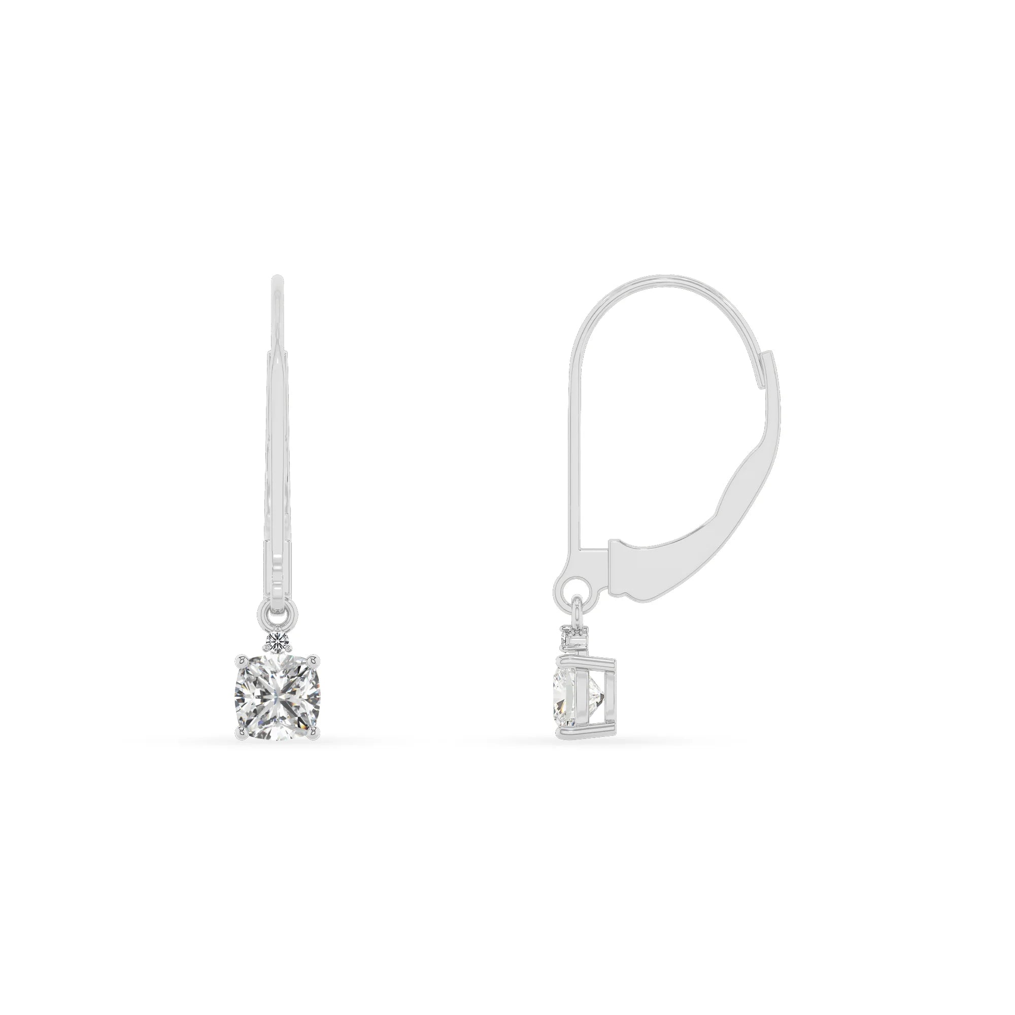 lab grown moissanite cushion drop earrings in white gold 