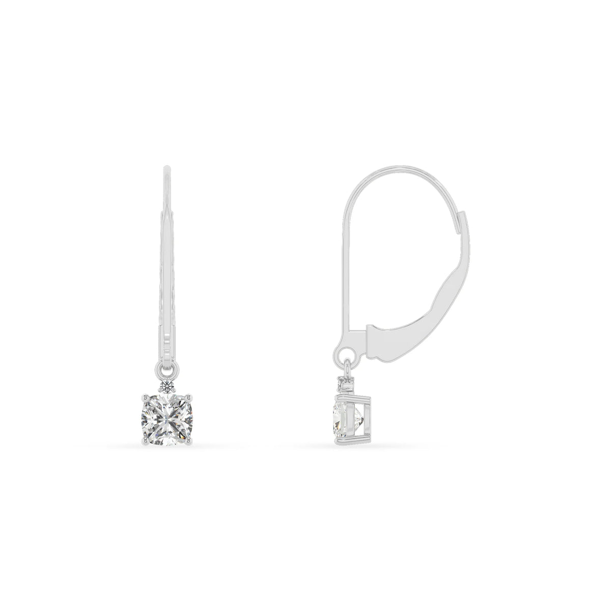 lab grown moissanite cushion drop earrings in white gold 