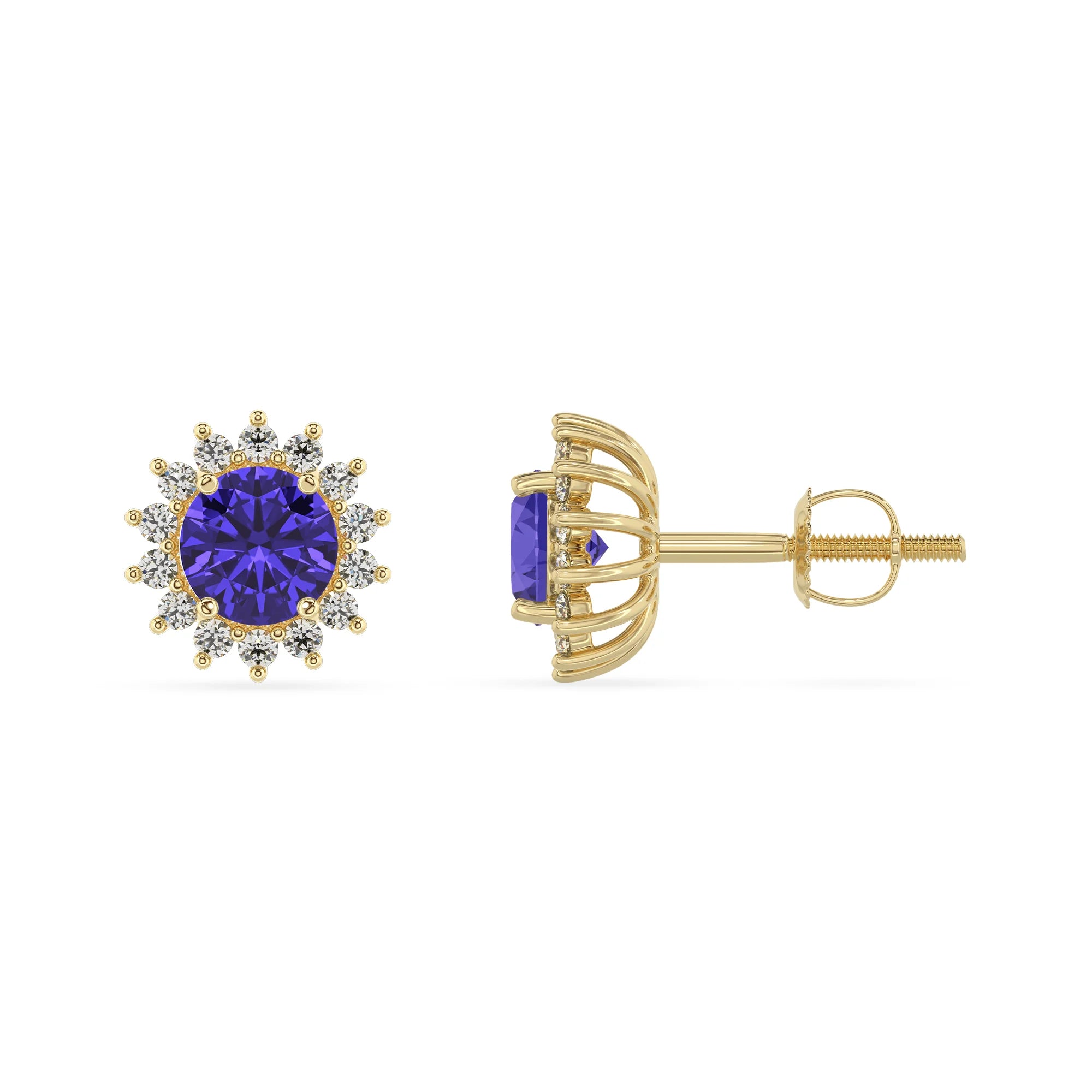 lab grown tanzanite round stud earrings in yellow gold 