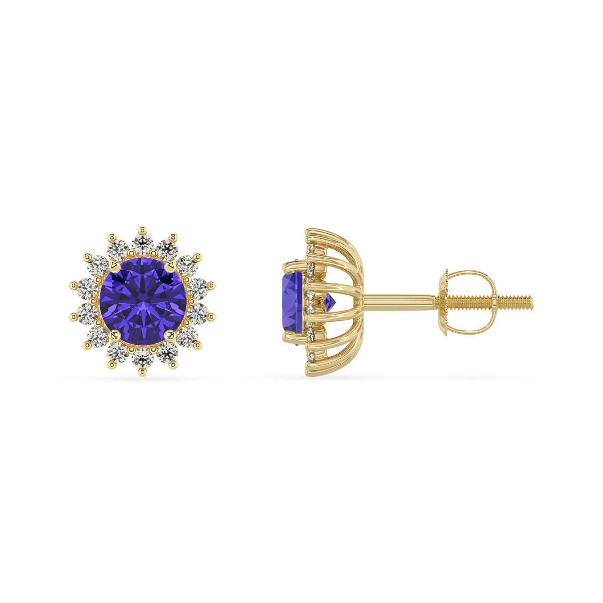 lab grown tanzanite round stud earrings in yellow gold 