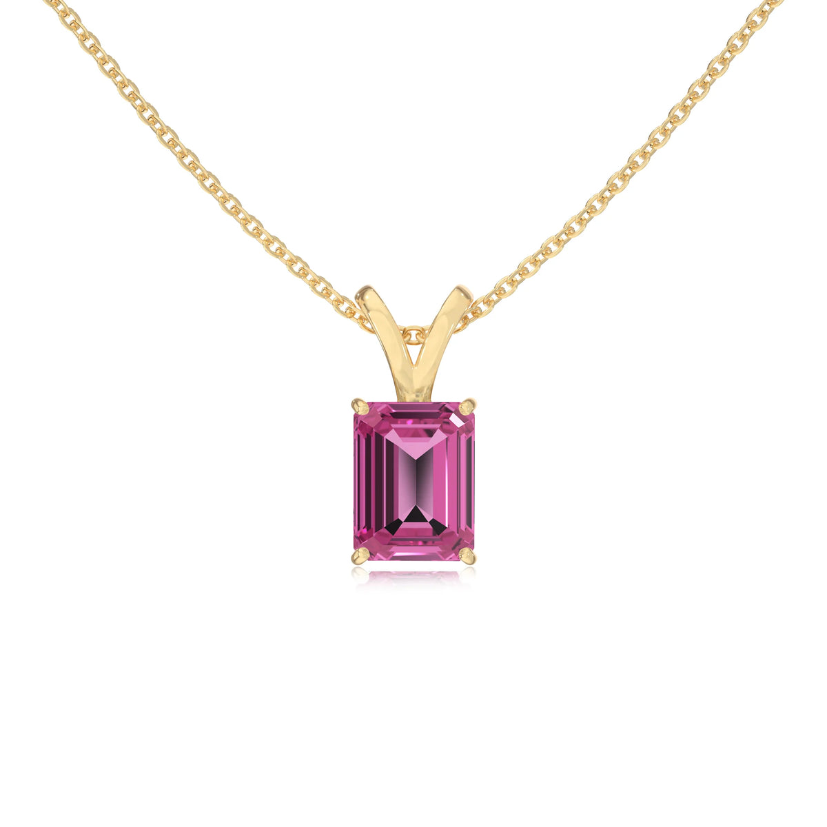 lab grown pink-sapphire emerald cut solitaire v-bale necklaces in yellow gold 