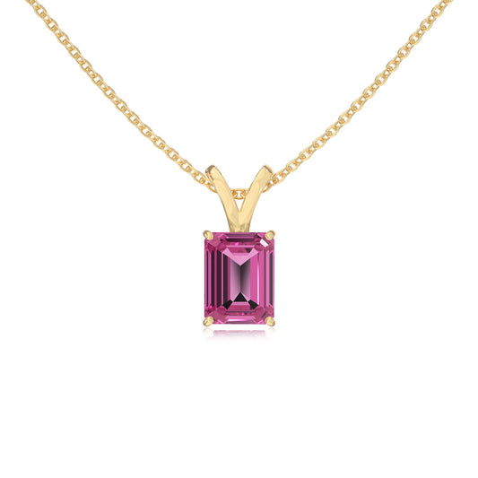 lab grown pink-sapphire emerald cut solitaire v-bale necklaces in yellow gold 