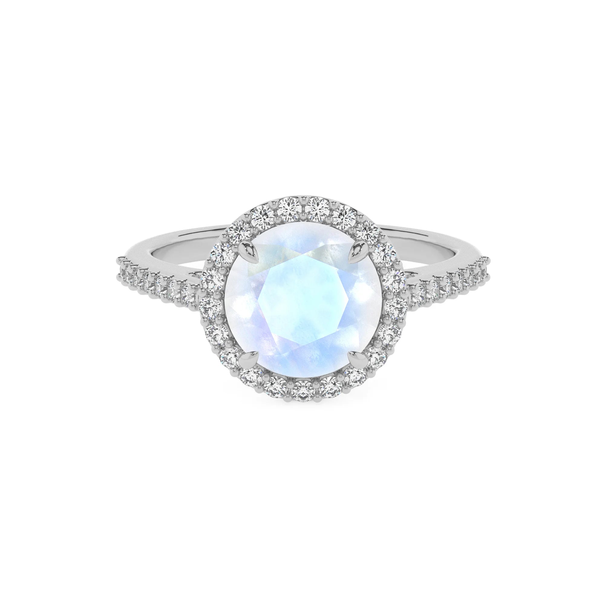 natural rainbow-moonstone round solitaire rings in white gold 