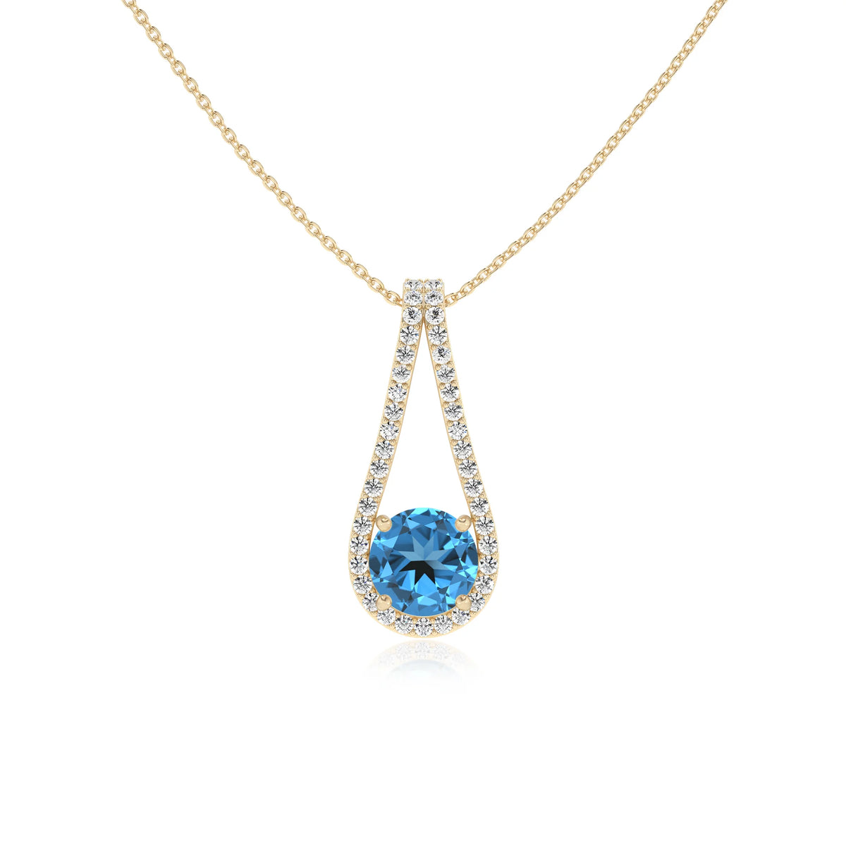natural swiss-blue-topaz round solitaire v-bale necklaces in yellow gold 