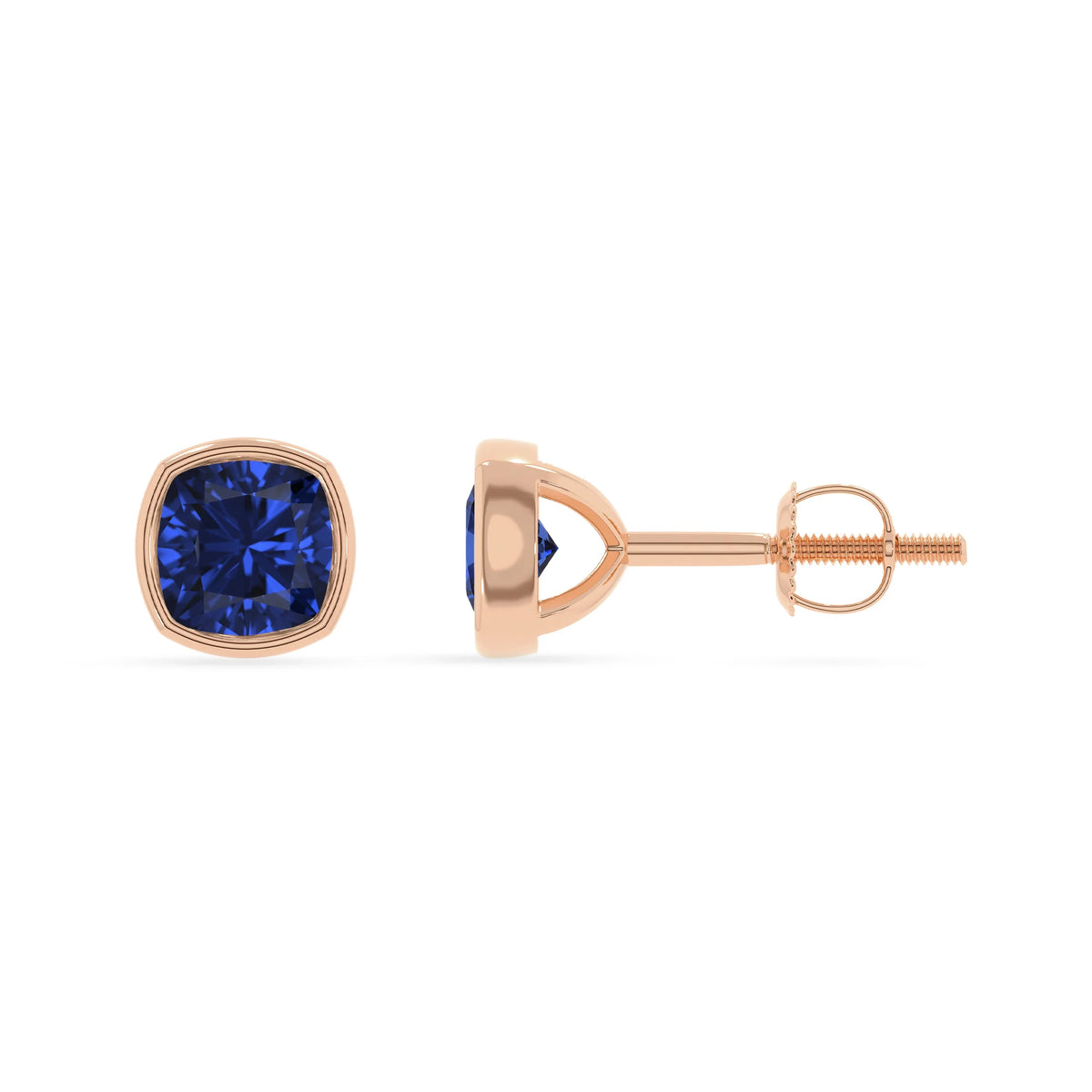 lab grown blue sapphire cushion stud earrings in rose gold 