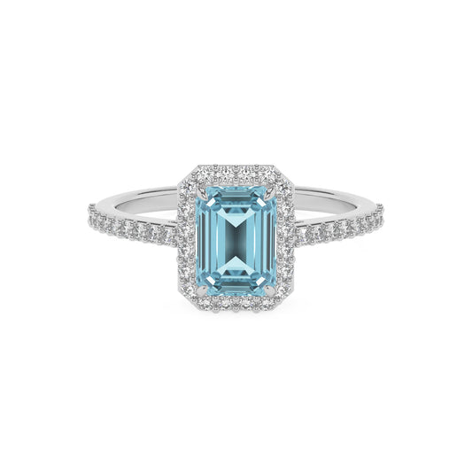 lab grown aquamarine emerald cut solitaire rings in white gold 