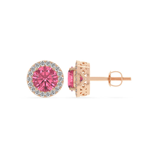 lab grown pink tourmaline round stud earrings in rose gold 