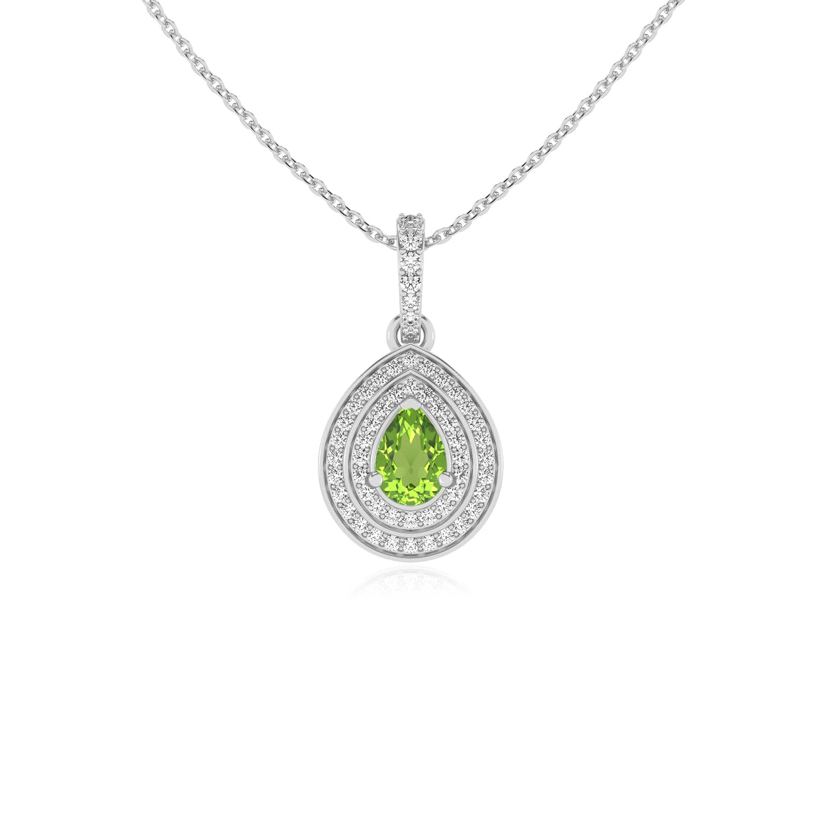 natural peridot pear halo necklaces in white gold 