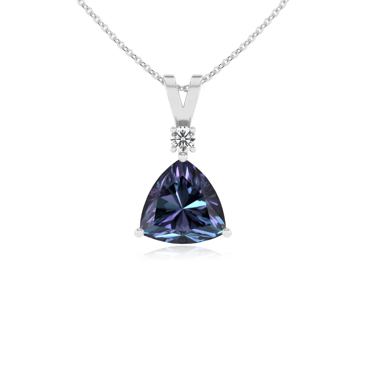 lab grown alexandrite trillion solitaire v-bale necklaces in white gold 