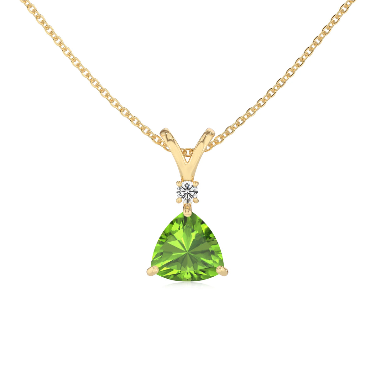 natural peridot trillion solitaire v-bale necklaces in yellow gold 