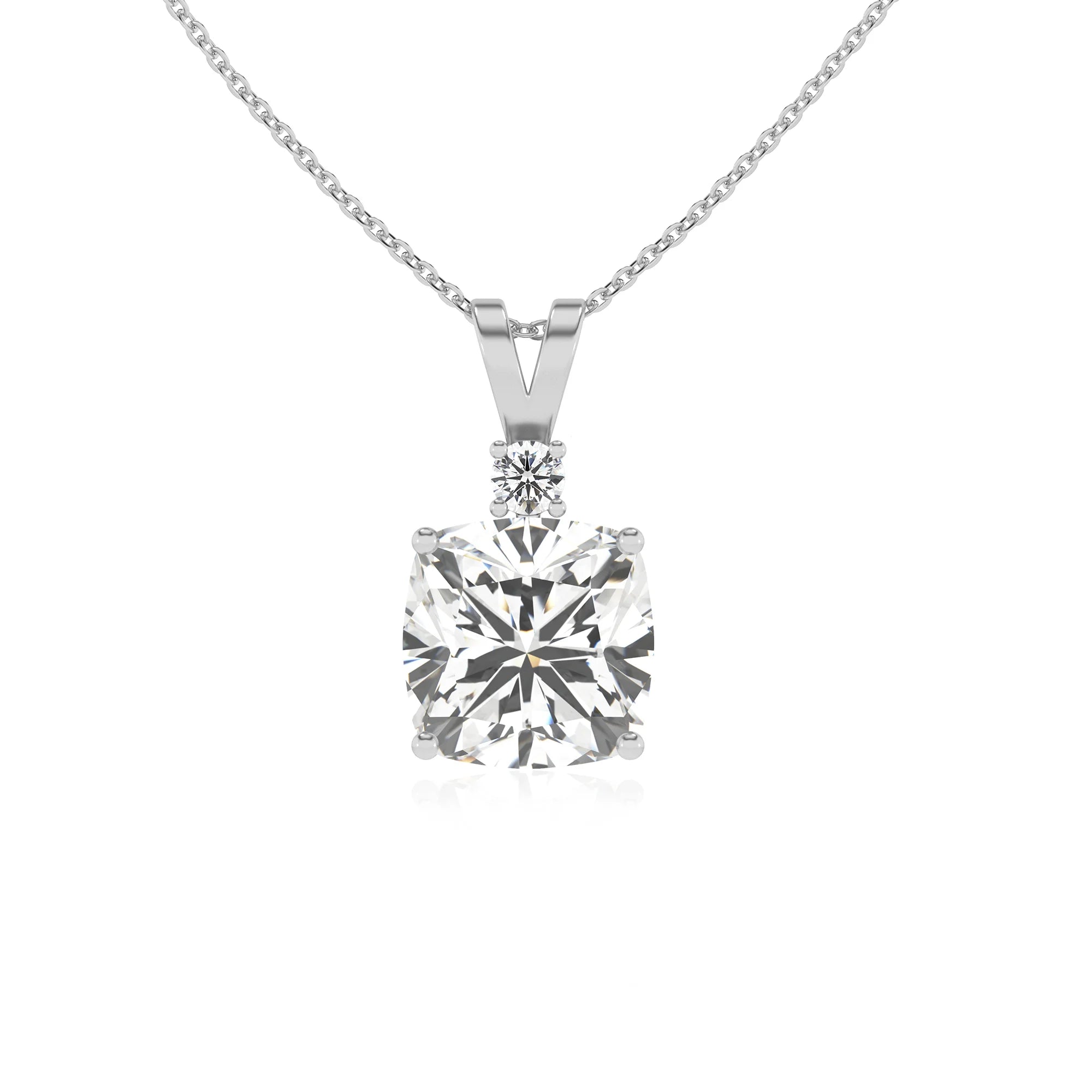 lab grown moissanite cushion solitaire v-bale necklaces in platinum 