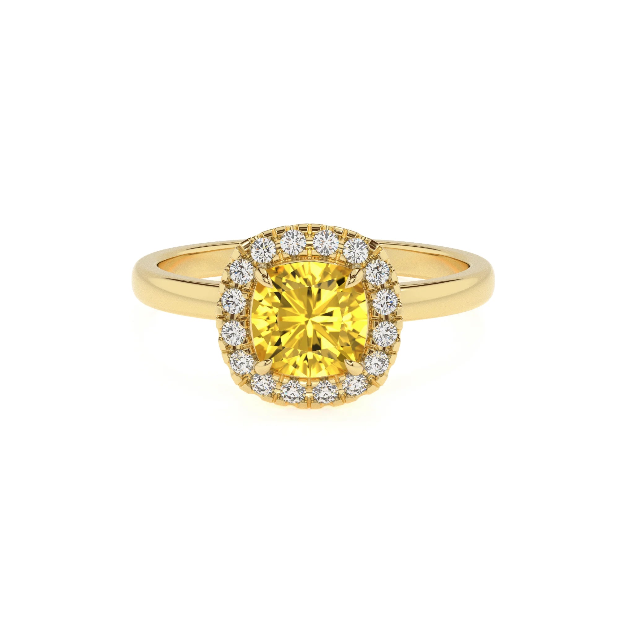 lab grown yellow-sapphire cushion solitaire rings in yellow gold 
