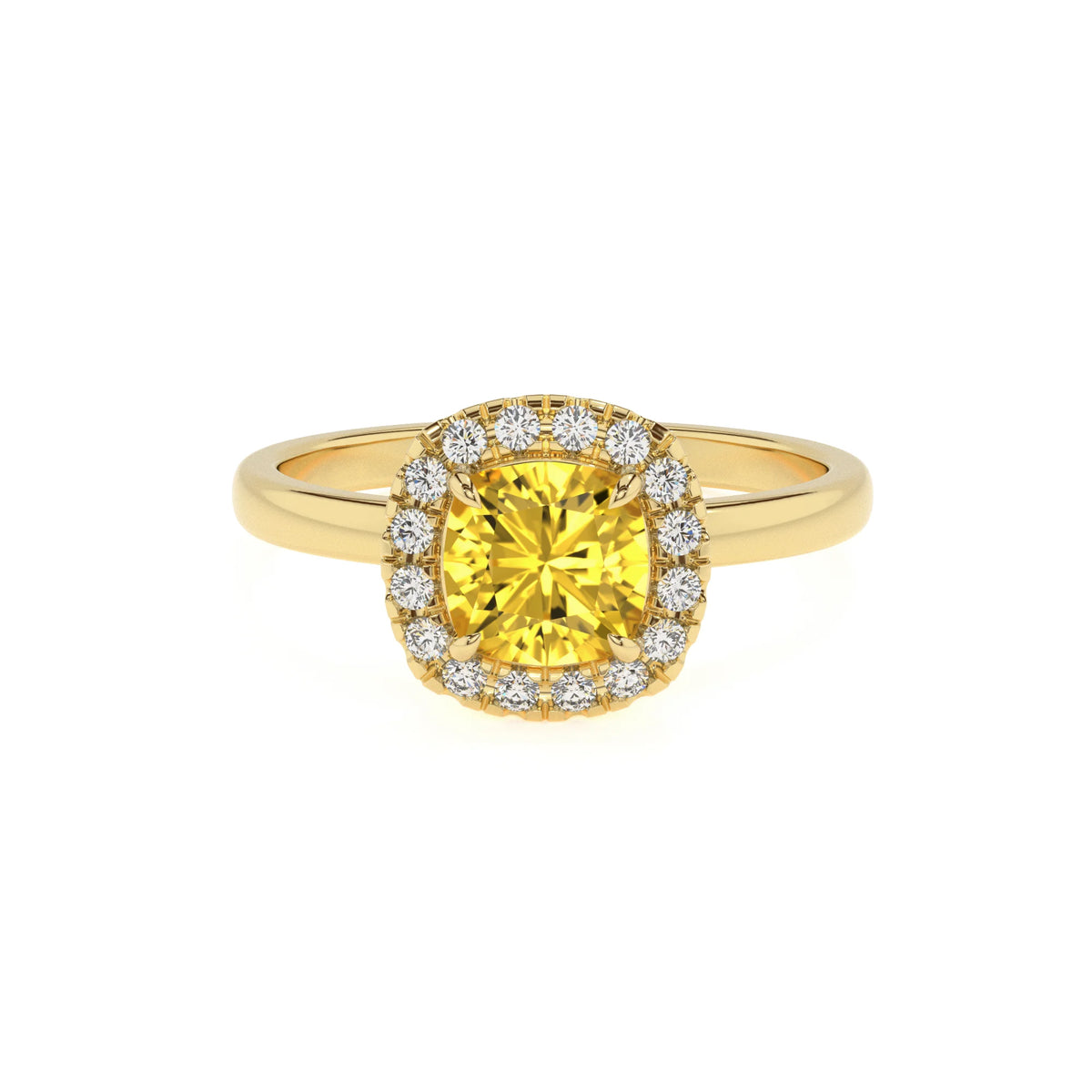 lab grown yellow-sapphire cushion solitaire rings in yellow gold 