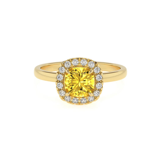 lab grown yellow-sapphire cushion solitaire rings in yellow gold 