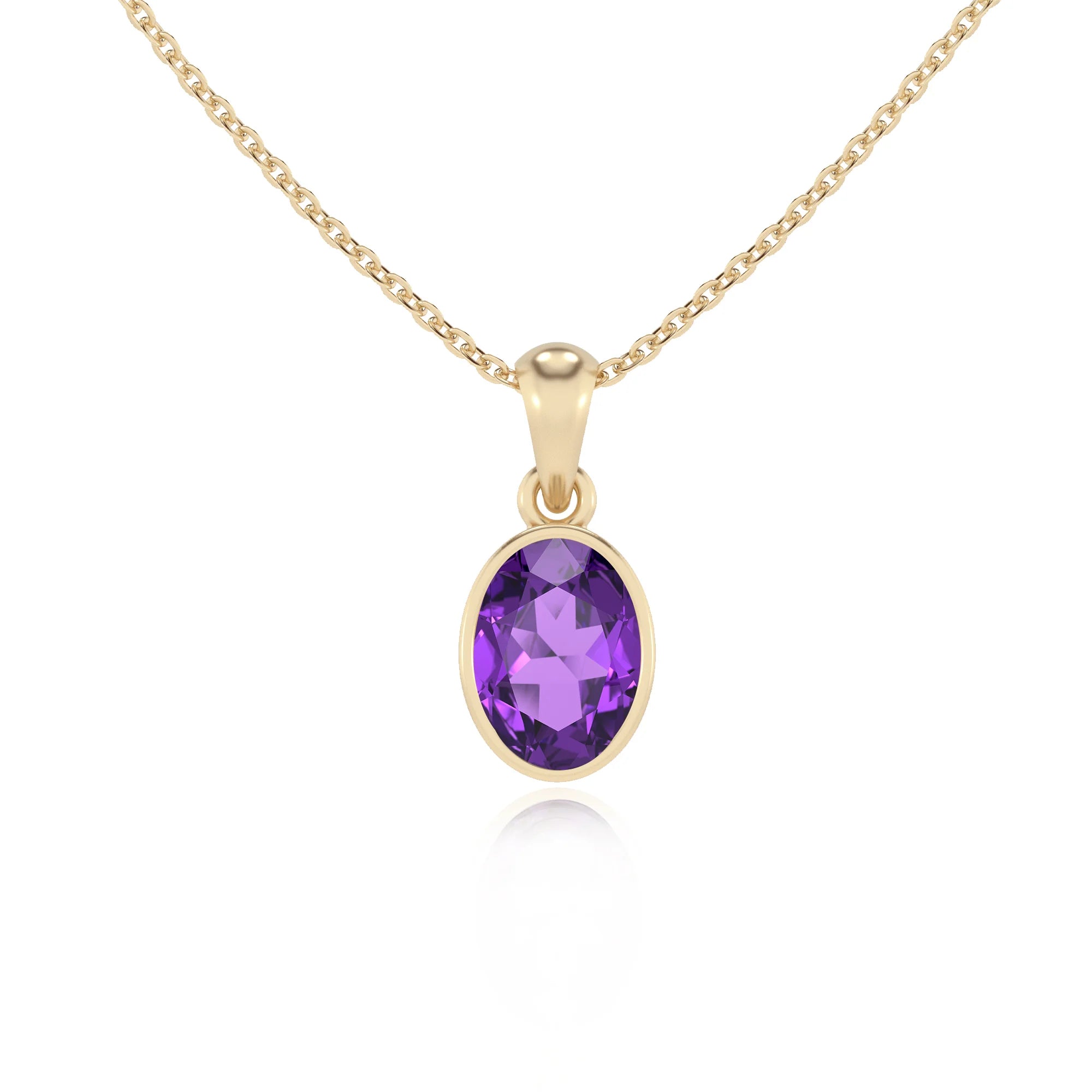 lab grown amethyst oval solitaire necklaces in yellow gold 