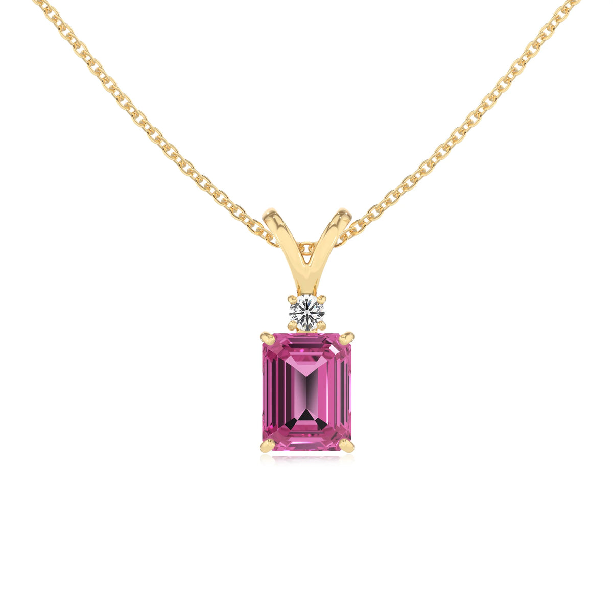 lab grown pink-sapphire emerald cut solitaire v-bale necklaces in yellow gold 