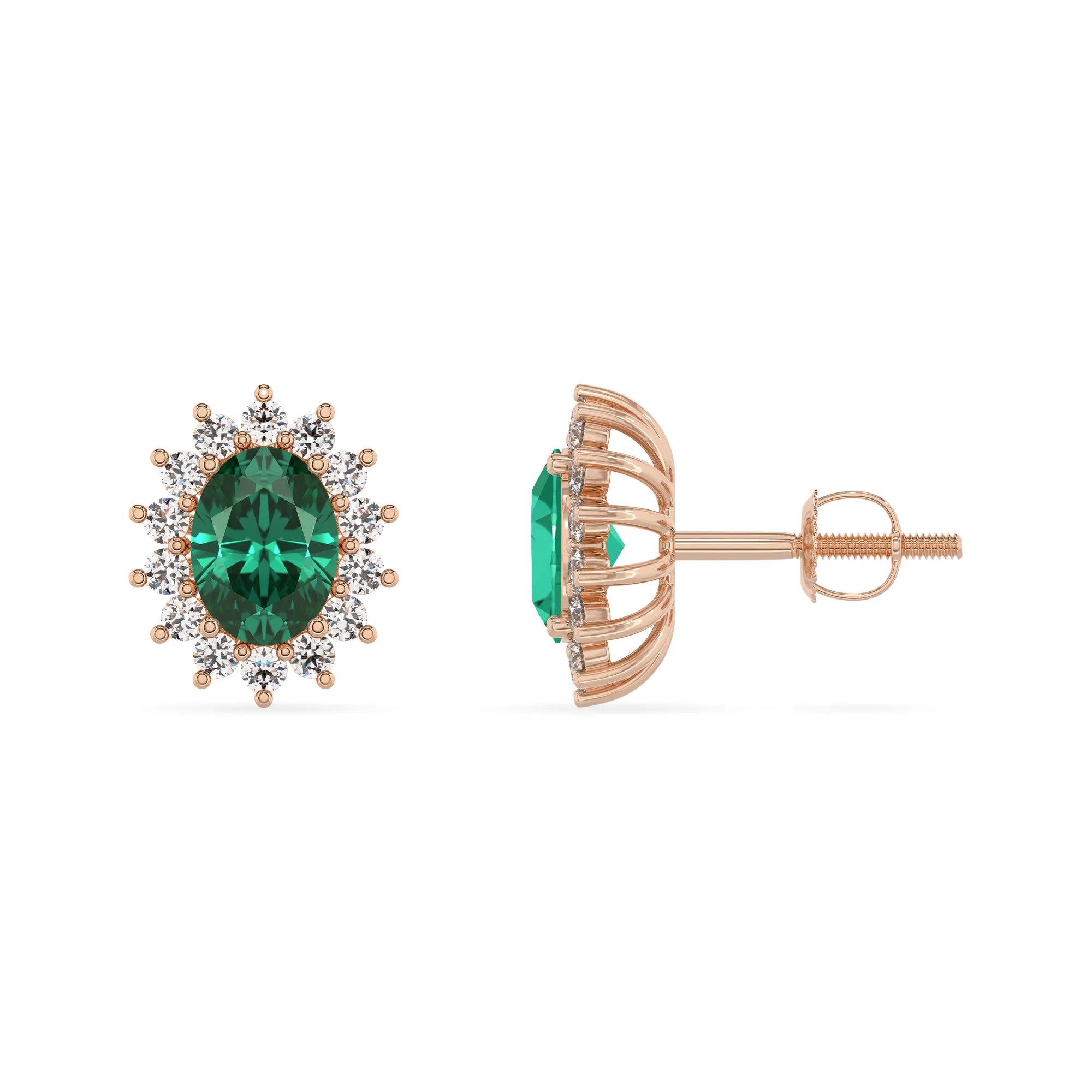 lab grown emerald oval stud earrings in rose gold 