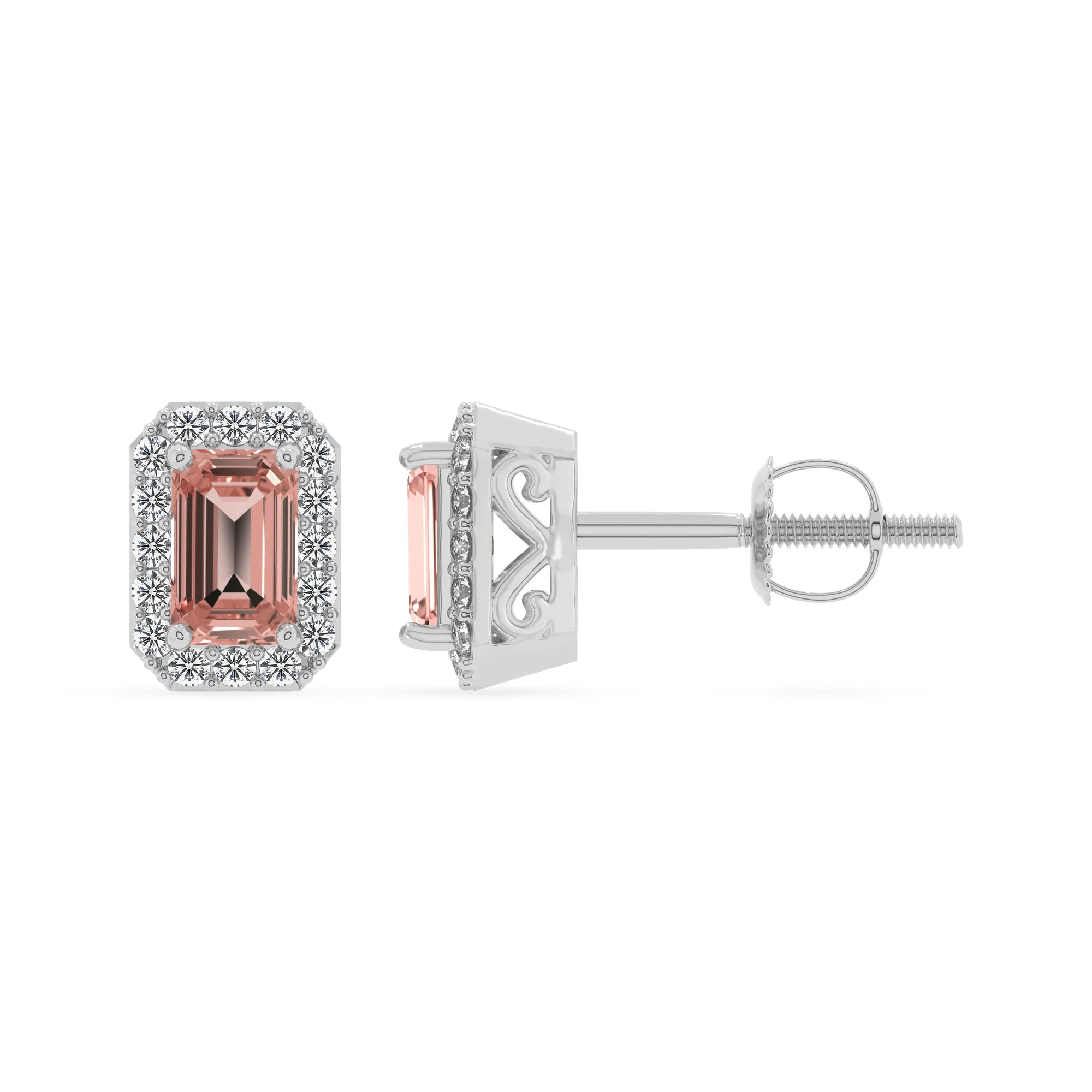 lab grown morganite emerald cut stud earrings in white gold 