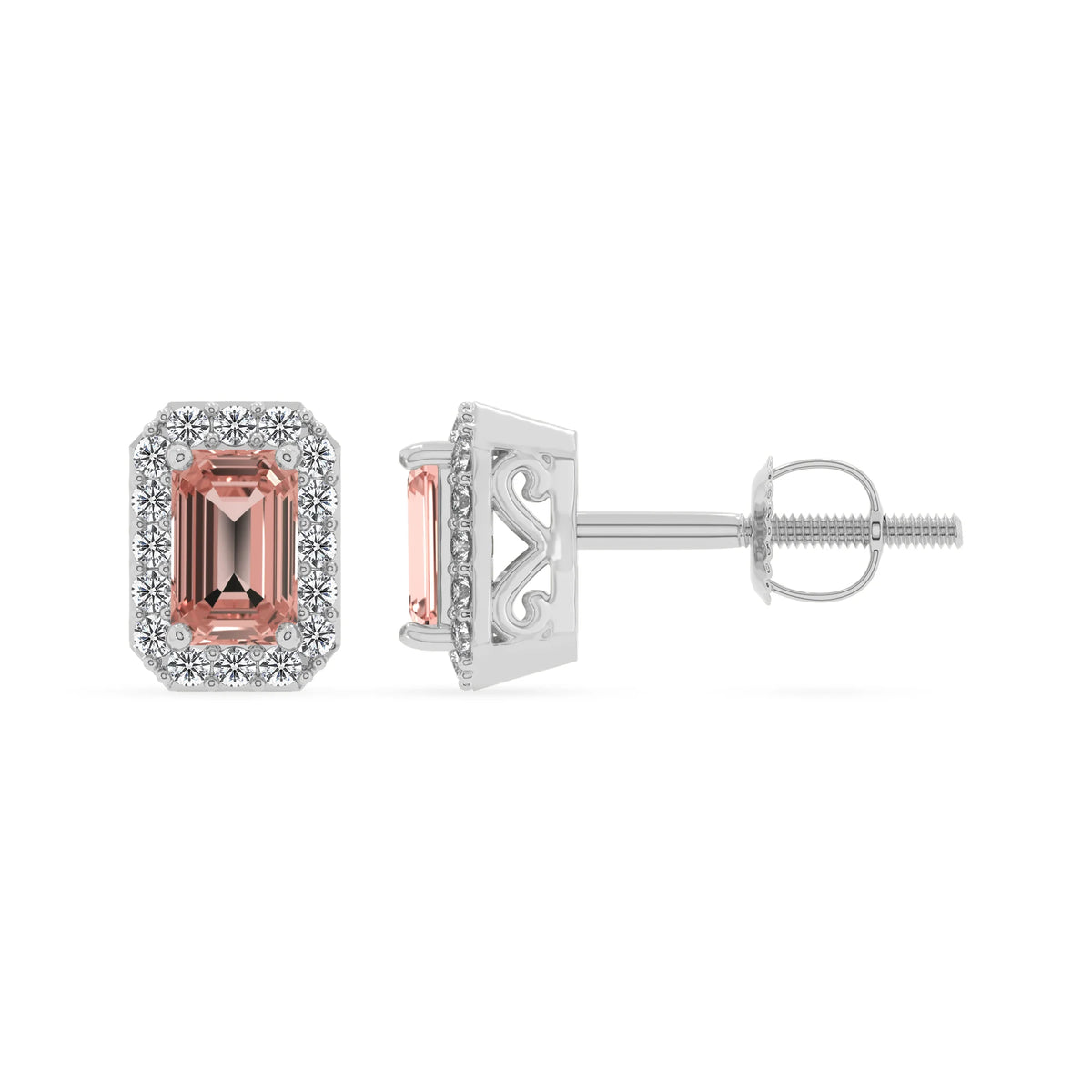 lab grown morganite emerald cut stud earrings in white gold 